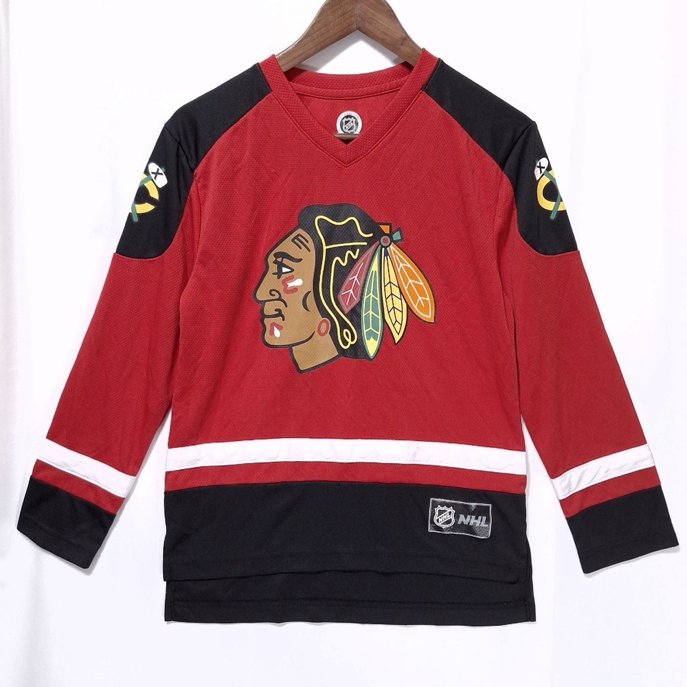 NHL Chicago Blackhawks Youth Jersey Sz L 12/14 Red Black Hockey Shirt‎ Kids